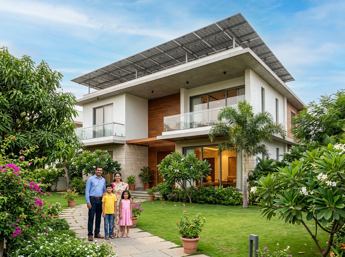 Modern Indian home with rooftop solar panels and happy family